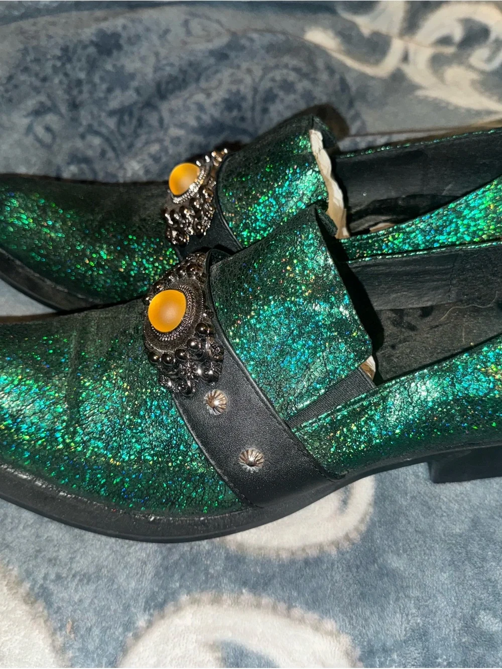 Men's Emerald Green Glitter Slip-On Loafers with Ornate Buckle